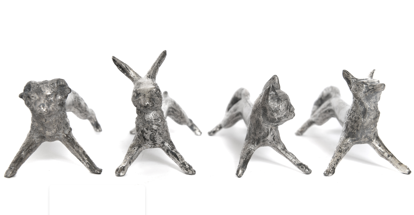 Lot De 6 Porte-couteaux En étain - Motifs Animaliers Sanglier, Chat, Chien - Argenté