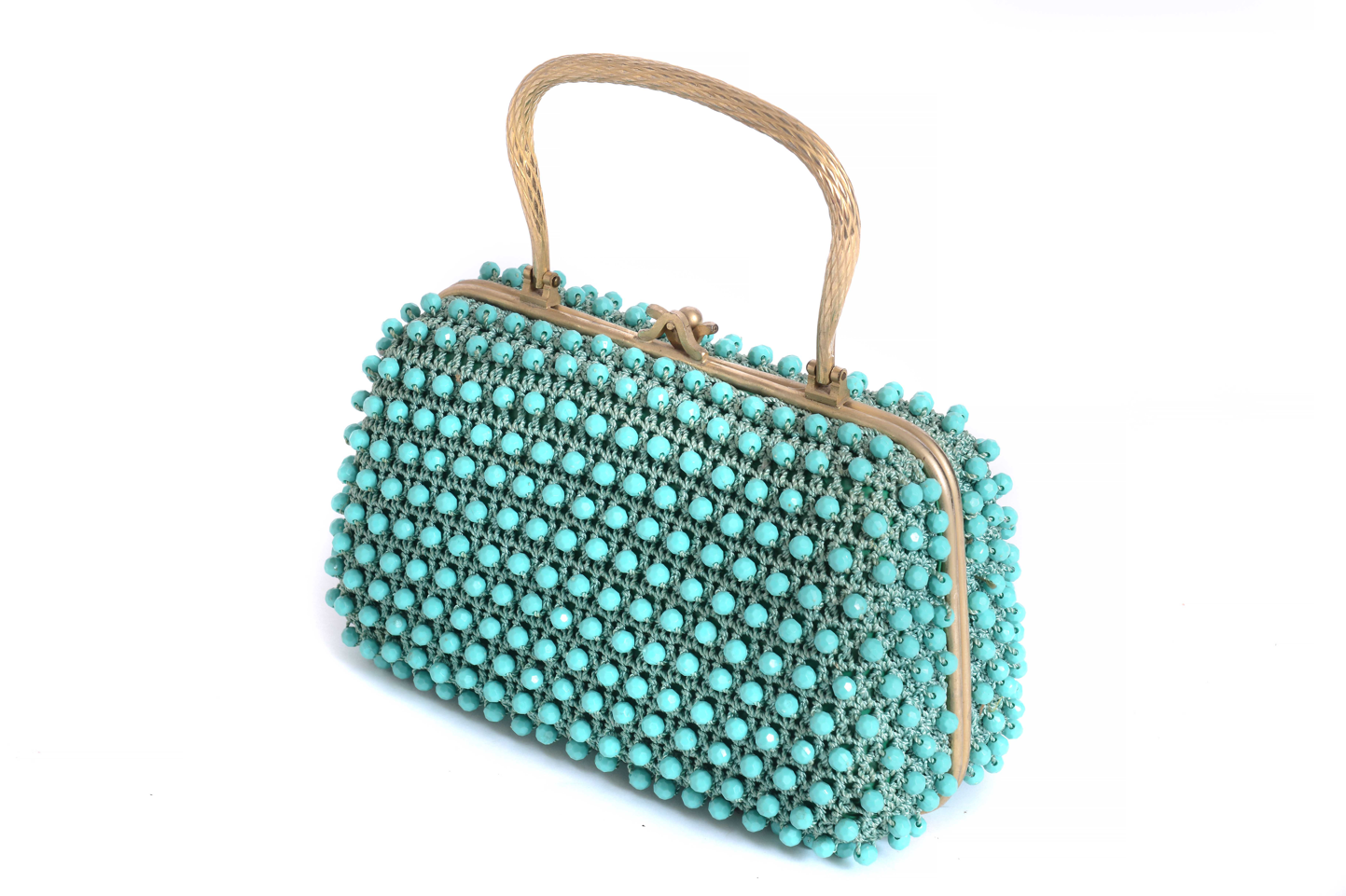 Sac à main brodé avec des perles plastiques bleu.2