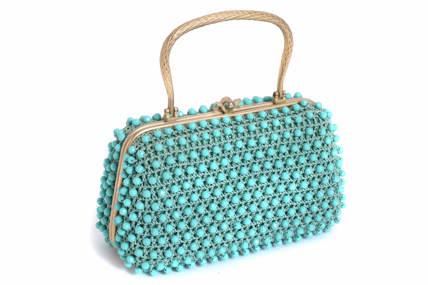 Sac à main brodé avec des perles plastiques bleu